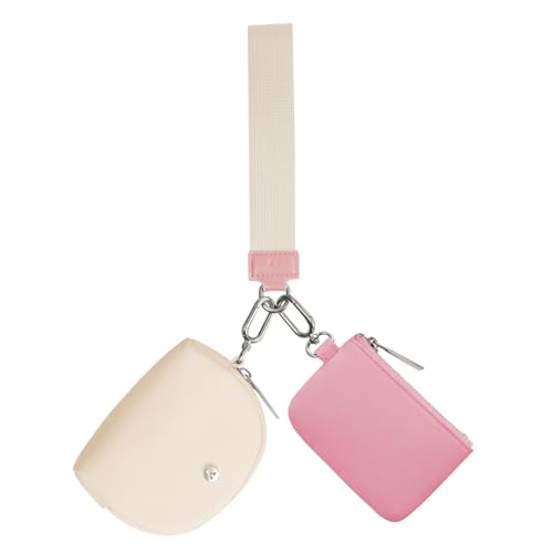 VUTUXA KeyChain Wallet Wristlet For Women Mini Zip Dual Pouch Coin Purse - color: pink+white
