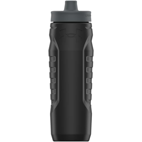 Under Armour Squeeze Water Bottles, 32 oz Water Bottles, Sideline Sports Water Bottle with Quick-Shot Lid, Quick & Easy Hydration, Gym Water Bottles, Squeeze Bottle, 1 32oz Bottle - color: Black/Pitch Grey