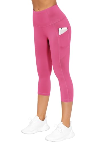 THE GYM PEOPLE Women's Thick High Waist Capris Yoga Pants Workout Leggings - color: Bright Pink, size: Large