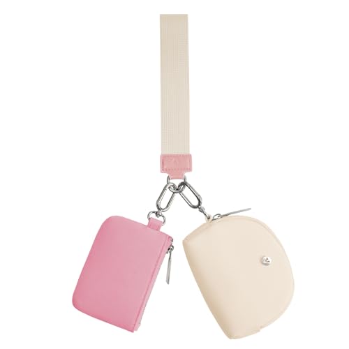 VUTUXA KeyChain Wallet Wristlet For Women Mini Zip Dual Pouch Coin Purse - color: pink+white