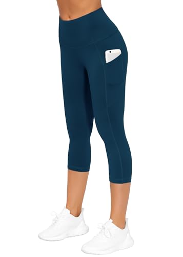 THE GYM PEOPLE Women's Thick High Waist Capris Yoga Pants Workout Leggings - color: Dark Blue Green, size: Small