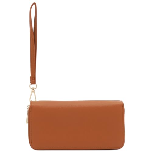FashionPuzzle Double Zip Around PU Leather Wristlet Cell Phone Wallet - color: Tan