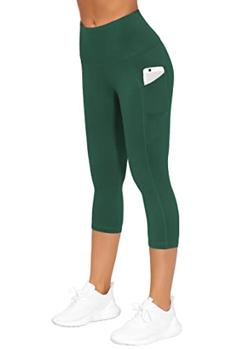 THE GYM PEOPLE Women's Thick High Waist Capris Yoga Pants Workout Leggings - color: Dark Green, size: Small