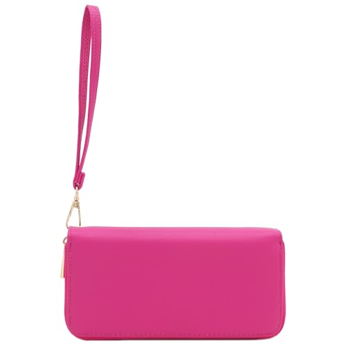 FashionPuzzle Double Zip Around PU Leather Wristlet Cell Phone Wallet - color: Fuchsia