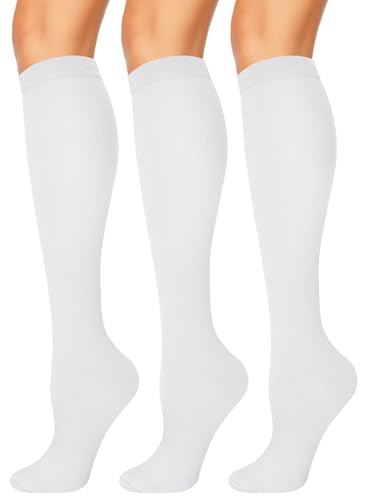 3 Pairs Compression Socks for Women & Men 15-20 mmHg, Knee High - color: 02 White/White/White, size: Small-Medium