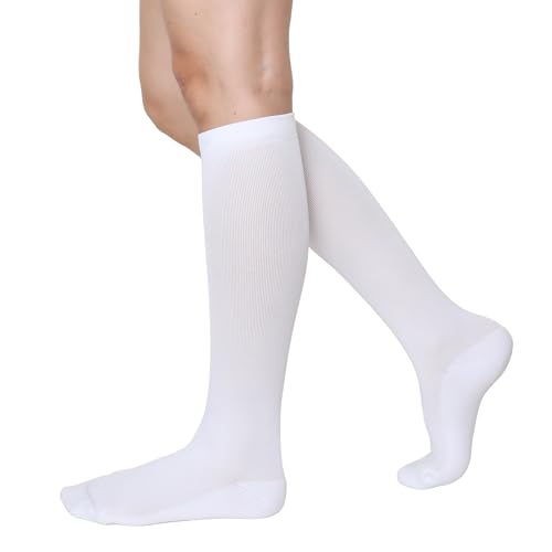 Compression Socks for Men and Women, 20-30 mmHG, Graduated Compression for Flight, Travel, Sports, Pregnancy, Running, Medium, White