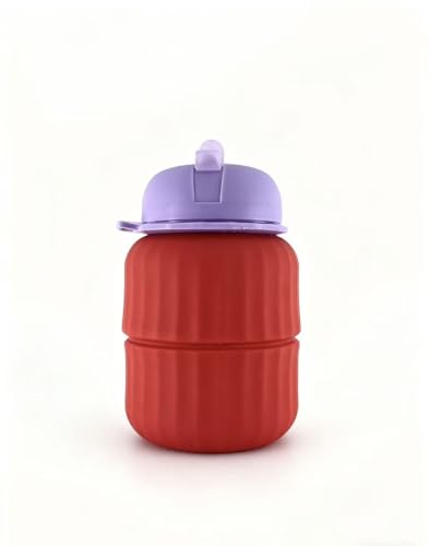 Collapsible Silicone Water Bottle 650ml - Dumbbell Shaped Leakproof Portable with Straw & Cap for Hiking Gym Travel (Red/Purple)