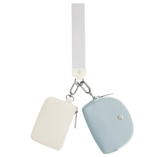 VUTUXA KeyChain Wallet Wristlet For Women Mini Zip Dual Pouch Coin Purse - color: white+baby blue