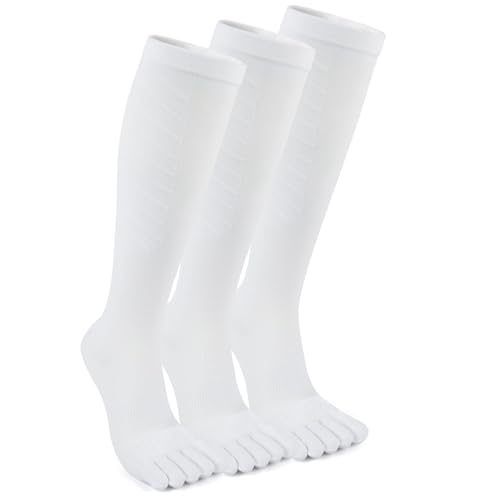 Compression Toe Socks for Men and Women 15-20mmHg, 3 Pairs, Knee High Five Finger Stockings - color: 05-white-3pcs, size: Medium