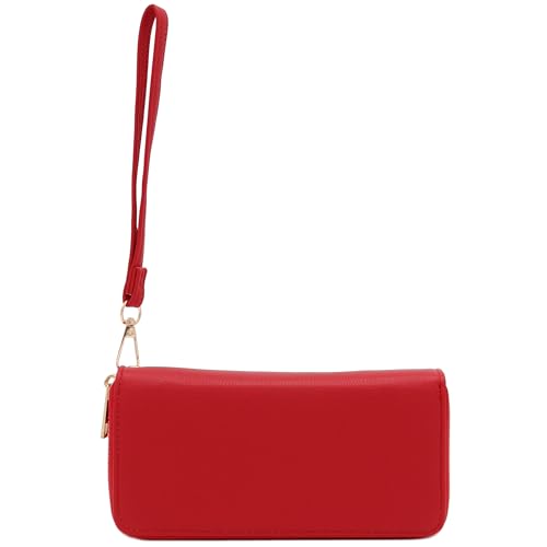 FashionPuzzle Double Zip Around PU Leather Wristlet Cell Phone Wallet - color: Red