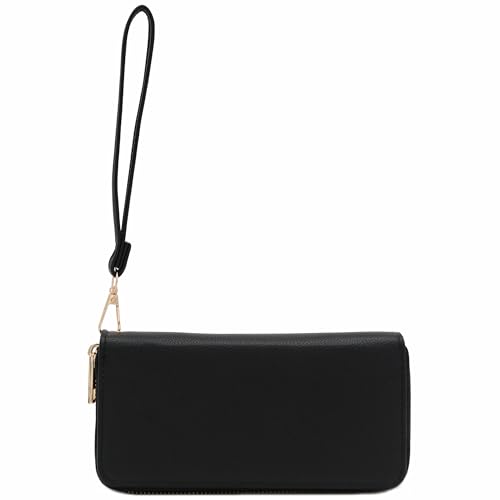 FashionPuzzle Double Zip Around PU Leather Wristlet Cell Phone Wallet - color: Black