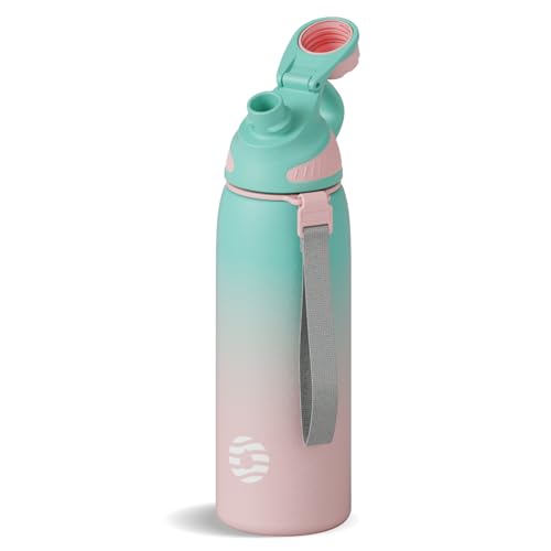 FJbottle 24oz Stainless Steel Insulated Water Bottle No Straw Spout Lid - color: Green-Pink, size: 24 Ounces