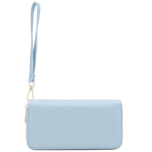 FashionPuzzle Double Zip Around PU Leather Wristlet Cell Phone Wallet - color: Light Blue