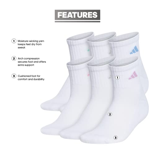 adidas Women's Athletic Cushioned Quarter Ankle Socks 6 Pairs - color: White/Clear Sky Blue/Bliss Lilac Purple