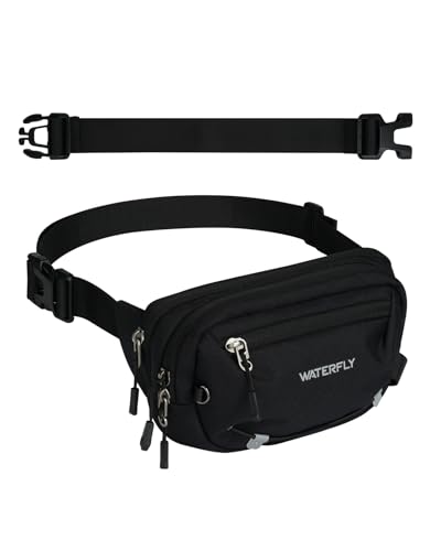 WATERFLY Small RFID Fanny Pack: 1.5L Waist Bag 12" Extender Belt for Hiking - color: Black
