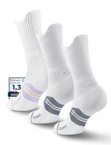 Juclise Women's Compression Crew Running & Hiking Socks, 3 Pairs, Cushioned - color: Glacier White*2+bright Lilac*1, size: Small