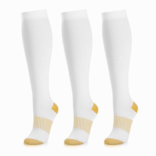 Compression Socks for Women and Men, 20-30 mmHg, Knee High, 3 Pairs - color: 06 White Copper 3 Pack, size: 3X-Large