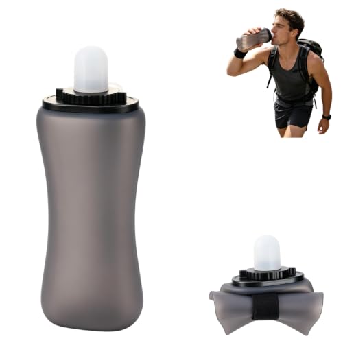 Handheld Running Water Bottle 350ml, Collapsible Silicone Water Bottle with Strap, Leak-Proof, for Running, Hiking, Cycling, Travel (Black) - color: Black