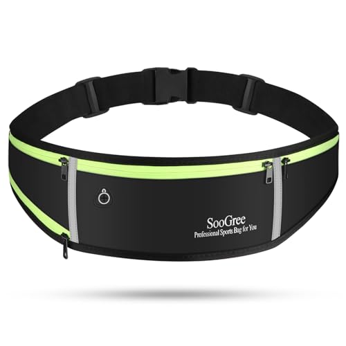 SooGree Men Women Running Waist Pack, Adjustable Waterproof Fanny Pack with Reflective Strip, Runner Belt for Running Walking Cycling Camping Gym - color: Black-Green