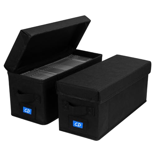 CD Case Holder with Handles and Lid – CD Storage Box with External Label Slots, Easy-to-Move Organizer Case for Efficient Media Storage,2Pack-Black - size: CD-2PACK