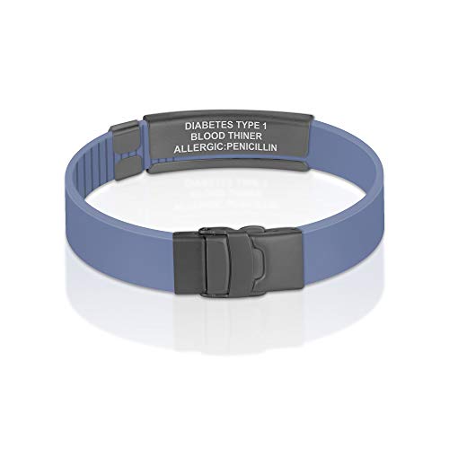 Divoti Custom Dual-Sided Engraved Silicone Medical Alert ID Wristband w/Security Clasp & Trim-to-Fit Band - Style - color: Carmella Blue / PVD Black / White, size: Band Width - 13mm