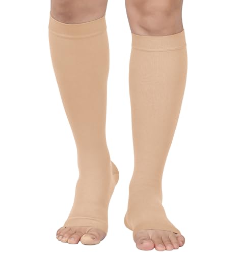 MGANG Medical Compression Stockings for Women & Men 20-30mmHg, Open Toe - color: Knee High Open Toe Beige, size: Medium