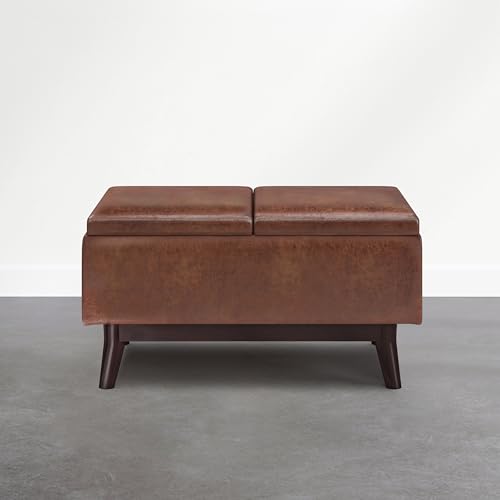 SIMPLIHOME Owen 34" Vegan Leather Storage Ottoman in Distressed Pecan Brown - color: Distressed Pecan Brown