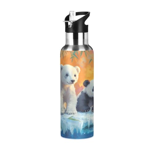OTVEE Polar Bears and Pandas Water Bottle Sports Water Bottle Insulated Stainless Steel Hot Cold Water Mug with Straw Lid & Handle for Sports Gym 20 oz - color: Polar Bears and Pandas