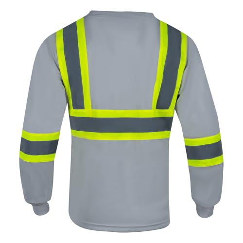 VENDACE Men's High Vis Safety Work T Shirt ANSI Class 1 Reflective Long Sleeve Shirt with Pocket(Grey,M) - color: Grey, size: Medium