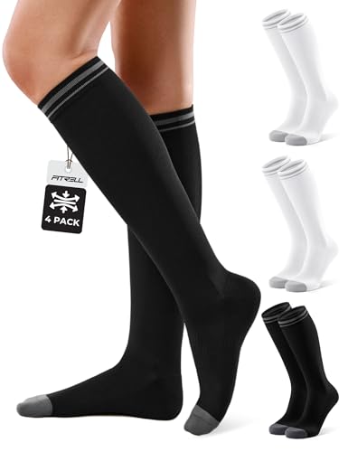FITRELL 15-20mmHg Compression Socks for Women & Men 4 Pairs - color: White*2+black*2, size: Small-Medium