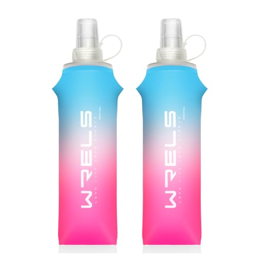WRELS TPU Soft Flask Lightweight Portable Reusable Water Bottle,BPA Free Collapsible Flask for Hydration Pack in Running Hiking Cycling and Marathon - color: Blue-pink-500ML*2