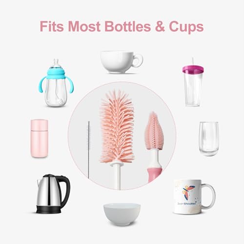 Bottle Brush Set 3-in-1, Including Long Handle Silicone Bottle Brush, Detail Cleaner, Straw Brush, Non Scratch Cleaning Brushes for Water Bottles, Tumblers and Glass (Pink) - color: Pink