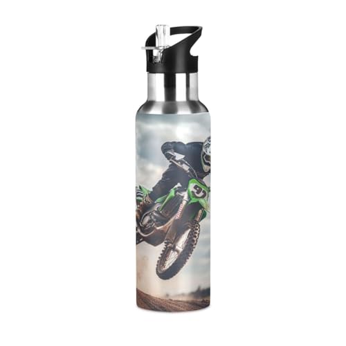 OTVEE Motocross Rider Water Bottle Sports Water Bottle Insulated Stainless Steel Hot Cold Water Mug with Straw Lid & Handle for Sports Gym 20 oz - color: Motocross Rider
