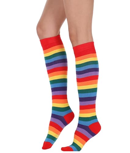 Women's Knee High Athletic Socks Casual Stripes Tube Socks Outdoor Sport Socks - color: Red Purple Rainbowue- 1 Pack