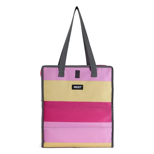 PackIt Freezable Grocery Tote 13 L Capacity, Black - color: Pink Stripe