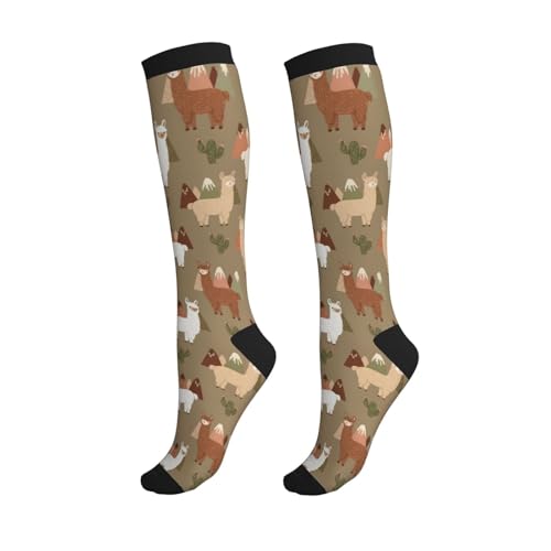 Patterned Knee High Socks for Women Men Athletic Running Travel Work - color: Llama Alpaca Mountain