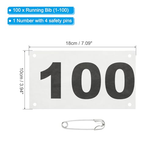 PATIKIL Tearproof Running Bib Numbers, Waterproof Race Competitor Numbers with Safety Pin - size: 7x4 Inch, style: 1-100