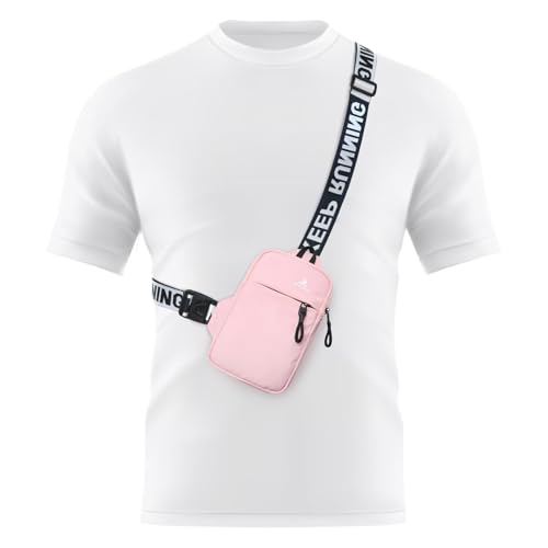 Peicees Mini Crossbody Sling Bag Chest Bag Dual Pocket Water Resistant Fanny Pack Running Phone Holder for Men Women Workout Travel, Pink - color: Pink