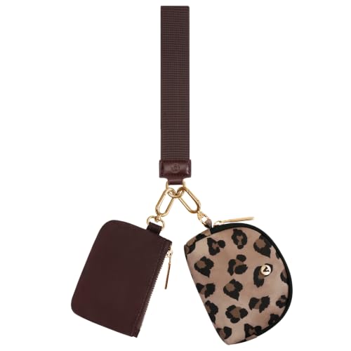 VUTUXA KeyChain Wallet Wristlet For Women Mini Zip Dual Pouch Coin Purse - color: Brown leopard + brown