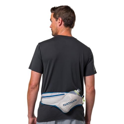 Nathan Peak Running Hydration Waist Pack Belt w/ Speed Draw Flask Water Bottle, 18oz/535 ml Push/Pull Race Cap, Expandable Zippered Stretch Pocket - color: Vapor Grey