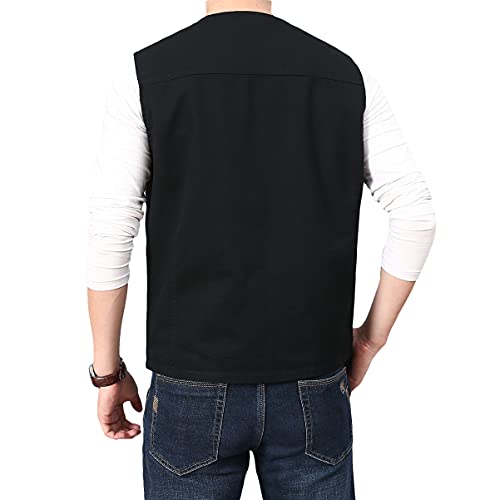 PRIJOUHE Mens Casual Cotton Vest Lightweight Outdoor Fishing Utility Vest - color: 02-black, size: Large