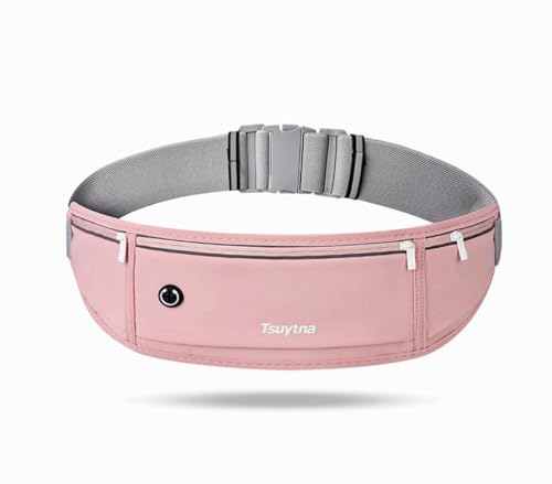 Running Belt for Women & Men - Slim Phone running belt with Water-Resistant Phone Holder, 3 pockets Adjustable Waist Strap, Reflective Safety Design for Running, Hiking, Travel，Fitness (Pink) - color: Pink