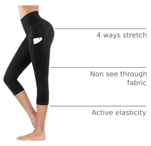 Lingswallow Women High Waist Yoga Pants with Pockets Stretch Soft Leggings - color: Capris Black, size: X-Large