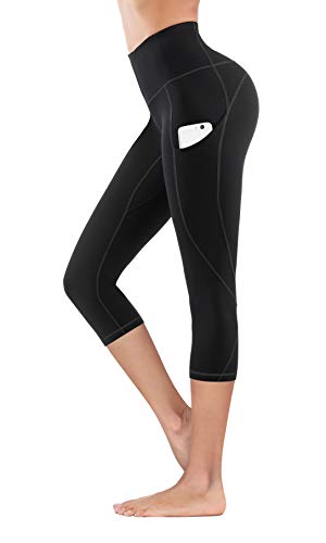 Lingswallow Women High Waist Yoga Pants with Pockets Stretch Soft Leggings - color: Capris Black, size: X-Large