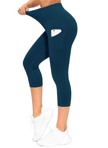 THE GYM PEOPLE Women's Thick High Waist Capris Yoga Pants Workout Leggings - color: Dark Blue Green, size: Medium