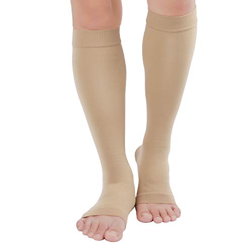 TOFLY Compression Socks For Women & Men Open Toe Knee High 20-30mmHg - color: 20-30mmhg Open-toe Beige, size: X-Large