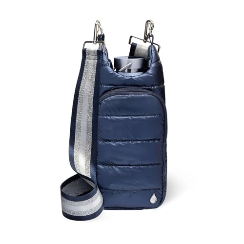 WanderFull Original HydroBag Crossbody Water Bottle Holder with Phone Pocket, Fits Water Bottles up to 32 oz - color: Navy Blue Shiny - Striped Strap