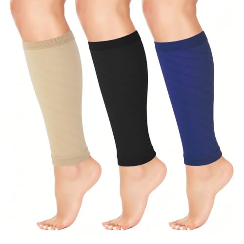 Junely 3 Pairs Calf Compression Sleeve for Men and Women - color: Blue Black Nude
