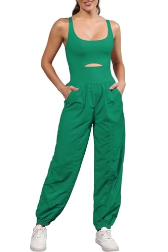 ReachMe Womens Running Onesie Athletic Romper Pants Hiking Outfits One Piece Workout Jumpsuits with Pockets - color: Green, size: Medium