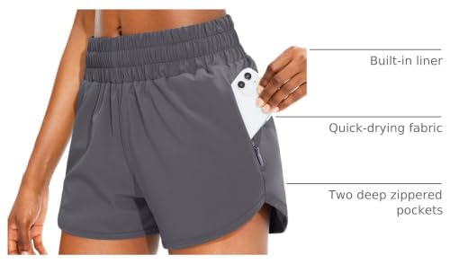 SANTINY Women's Athletic Running Shorts with Zipper Pockets - color: Dark Grey, size: Small
